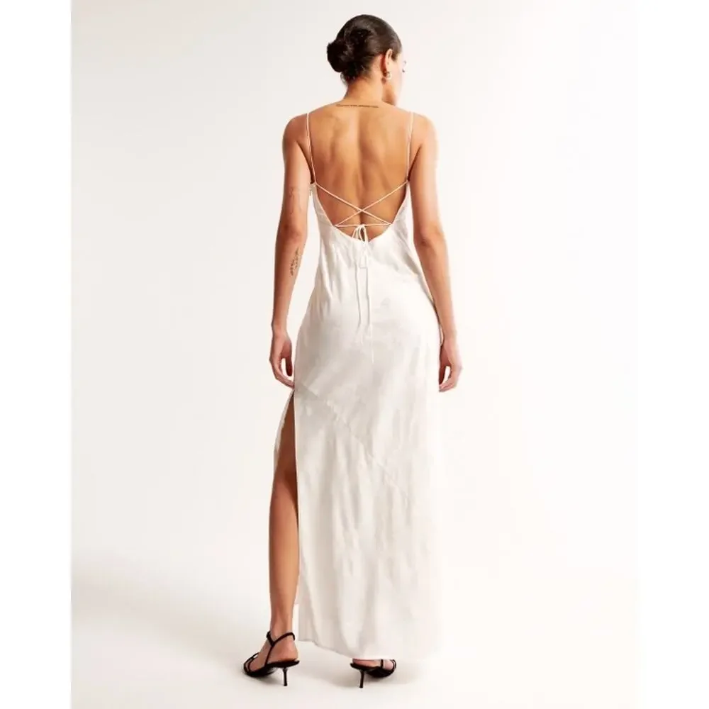 Abercrombie & Fitch Women's Julia Slip Satin Jacquard White Maxi Dress, Size MP
